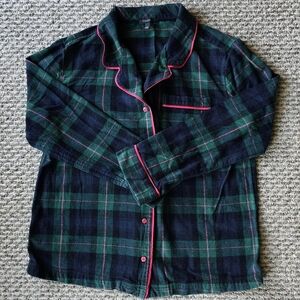 Talbots Green and Blue Plaid Button Up Flannel Shirt w. Pink Trim